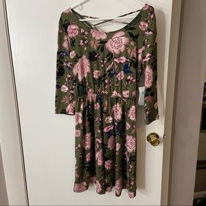 Olive green & pink rose dress